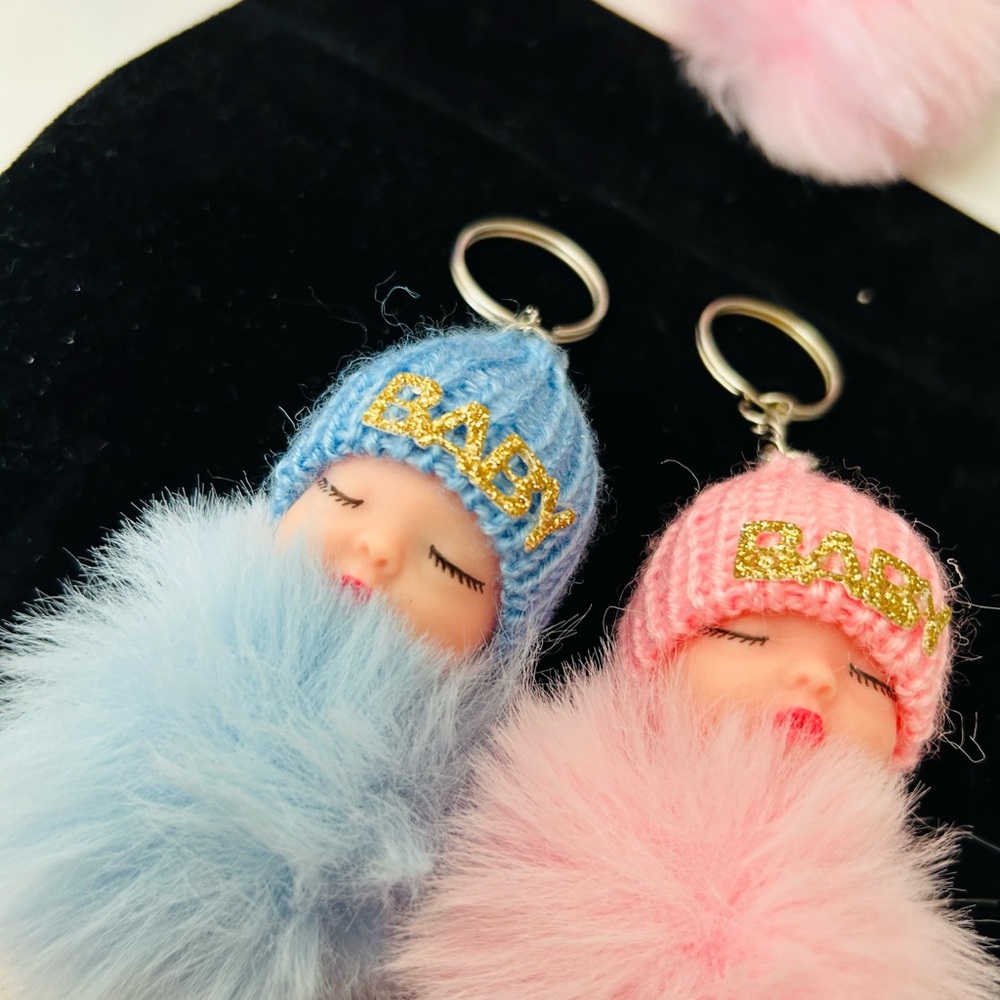 Adorable Blue & Pink Knitted Baby Doll Keyring Keychain Fashion Accessories - Picture 2 of 8